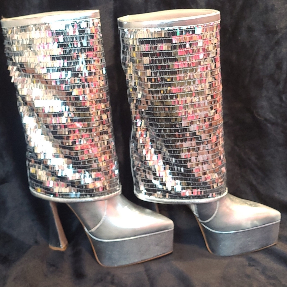 Silver Sequin Platform Mule Boots - Women's High Heel - Picture 2 of 15